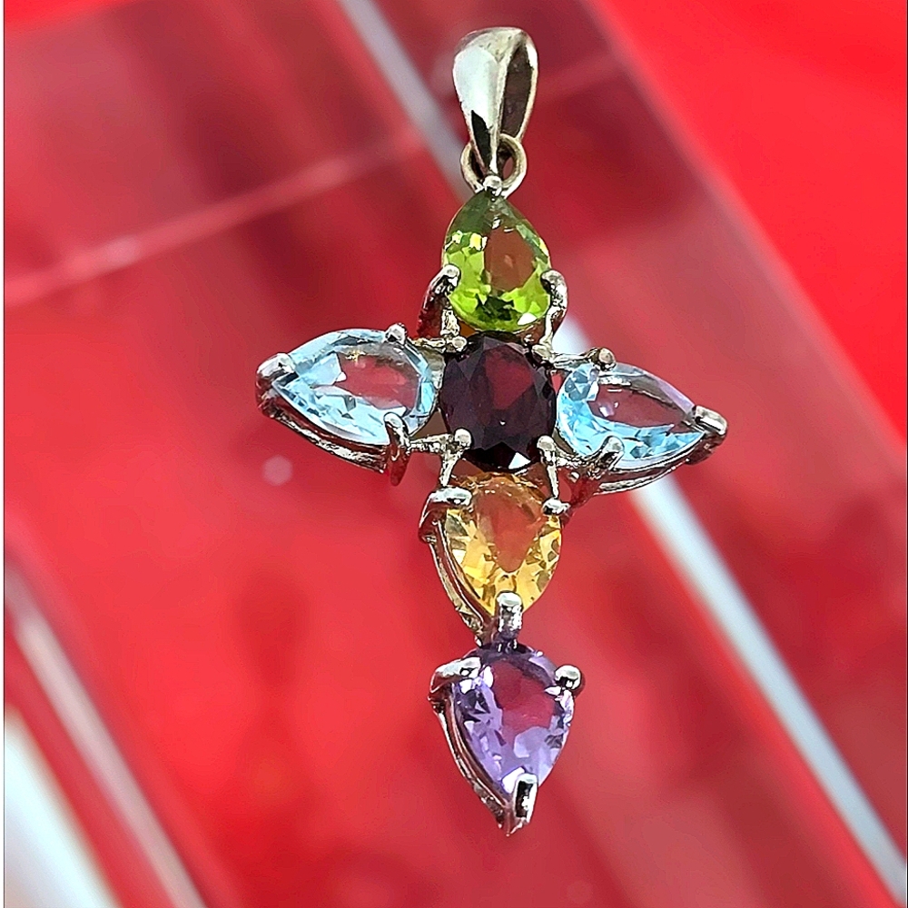 925 Sterling Silver Multi Stone Cross Pendant 2x3cm with Natural Garnet, Topaz.